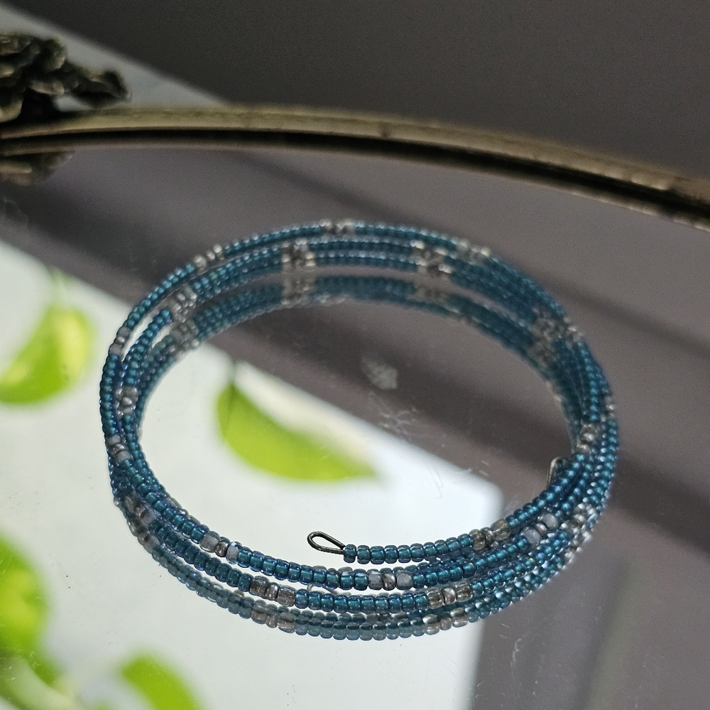 Slinky Dainty Blue White Beaded Wrap Bracelet